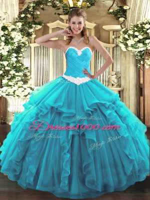 Elegant Sweetheart Sleeveless Organza 15th Birthday Dress Appliques and Ruffles Lace Up