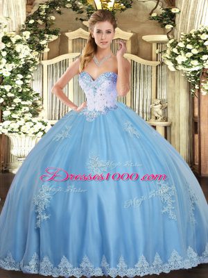 Sleeveless Floor Length Beading and Appliques Lace Up Ball Gown Prom Dress with Aqua Blue