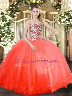 Coral Red Sweetheart Neckline Beading Vestidos de Quinceanera Sleeveless Lace Up