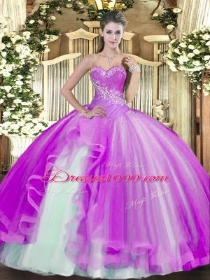 Most Popular Lilac Ball Gowns Tulle Sweetheart Sleeveless Beading and Ruffles Floor Length Lace Up Sweet 16 Dresses