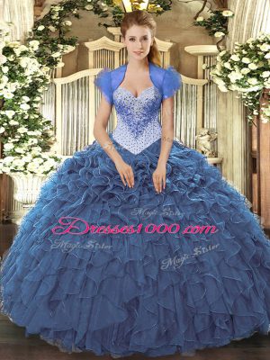 Clearance Sleeveless Organza Floor Length Lace Up 15 Quinceanera Dress in Navy Blue with Beading and Ruffles