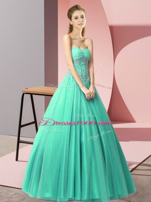Turquoise Sleeveless Floor Length Beading Lace Up Prom Dresses