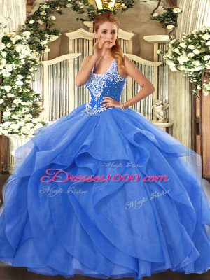 Blue Tulle Lace Up Sweet 16 Dress Sleeveless Floor Length Beading and Ruffles