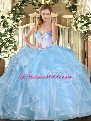 Glittering Aqua Blue Sleeveless Floor Length Beading and Ruffles Lace Up 15 Quinceanera Dress