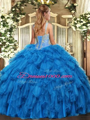 High End Purple Ball Gowns Straps Sleeveless Organza Floor Length Lace Up Beading and Ruffles Quinceanera Gown
