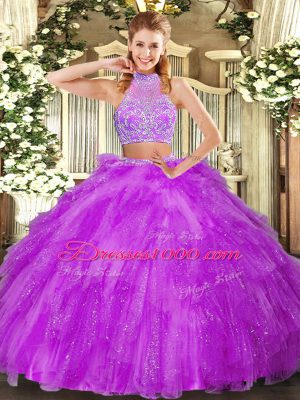 Fine Fuchsia Two Pieces Tulle Halter Top Sleeveless Beading and Ruffles Floor Length Criss Cross Ball Gown Prom Dress
