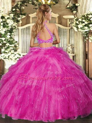 Fine Fuchsia Two Pieces Tulle Halter Top Sleeveless Beading and Ruffles Floor Length Criss Cross Ball Gown Prom Dress