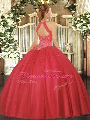 Romantic Hot Pink Quince Ball Gowns Military Ball and Sweet 16 and Quinceanera with Beading High-neck Sleeveless Lace Up