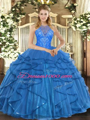 Low Price High-neck Sleeveless Quinceanera Gowns Floor Length Beading and Ruffles Teal Organza