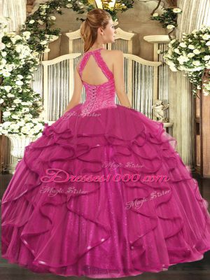 Low Price High-neck Sleeveless Quinceanera Gowns Floor Length Beading and Ruffles Teal Organza