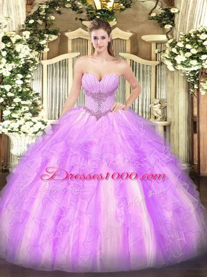 High End Lilac Tulle Lace Up Quince Ball Gowns Sleeveless Floor Length Beading and Ruffles