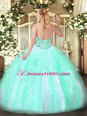 High End Lilac Tulle Lace Up Quince Ball Gowns Sleeveless Floor Length Beading and Ruffles