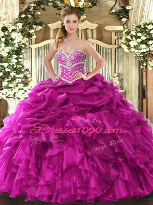 Fuchsia Sweet 16 Dress Military Ball and Sweet 16 and Quinceanera with Beading and Ruffles and Pick Ups Sweetheart Sleeveless Lace Up