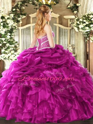 Fuchsia Sweet 16 Dress Military Ball and Sweet 16 and Quinceanera with Beading and Ruffles and Pick Ups Sweetheart Sleeveless Lace Up