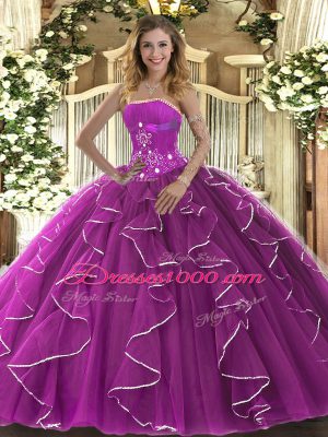 Latest Fuchsia Strapless Lace Up Beading and Ruffles Sweet 16 Quinceanera Dress Sleeveless