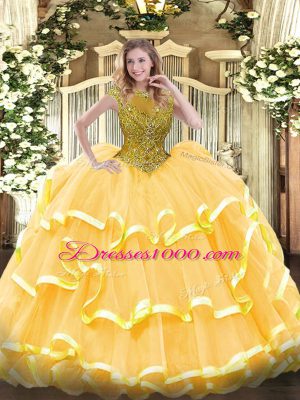 Cap Sleeves Floor Length Beading and Ruffled Layers Zipper Quinceanera Dresses with Gold