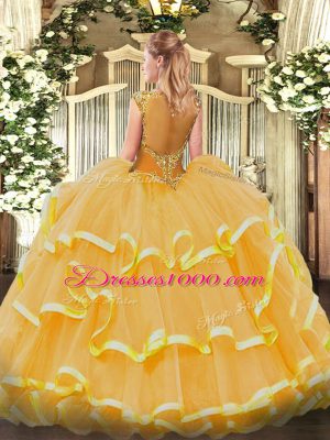 Cap Sleeves Floor Length Beading and Ruffled Layers Zipper Quinceanera Dresses with Gold