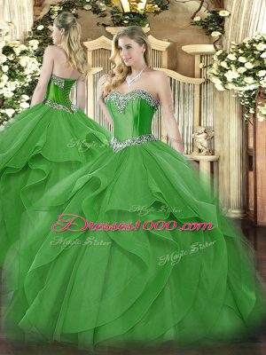 Modern Green Lace Up Quinceanera Gown Beading and Ruffles Sleeveless Floor Length