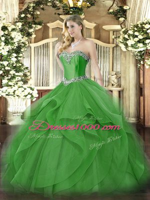 Modern Green Lace Up Quinceanera Gown Beading and Ruffles Sleeveless Floor Length