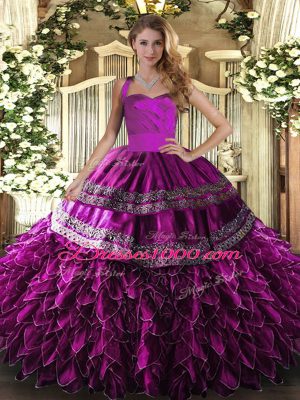 Chic Fuchsia Sleeveless Embroidery and Ruffles Floor Length Sweet 16 Dresses