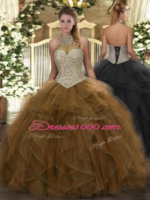 Sleeveless Tulle Floor Length Lace Up 15 Quinceanera Dress in Brown with Beading and Ruffles