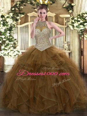 Sleeveless Tulle Floor Length Lace Up 15 Quinceanera Dress in Brown with Beading and Ruffles