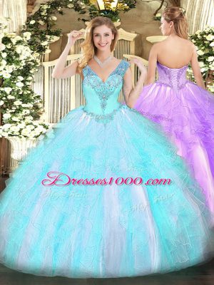 Decent Sleeveless Organza Floor Length Lace Up Quinceanera Gown in Aqua Blue with Beading and Ruffles