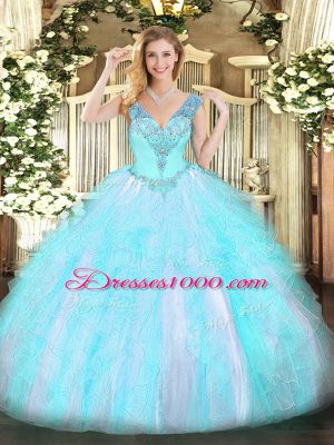 Decent Sleeveless Organza Floor Length Lace Up Quinceanera Gown in Aqua Blue with Beading and Ruffles