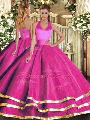 Flirting Fuchsia Halter Top Lace Up Ruffled Layers 15 Quinceanera Dress Sleeveless