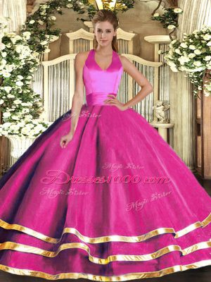 Flirting Fuchsia Halter Top Lace Up Ruffled Layers 15 Quinceanera Dress Sleeveless