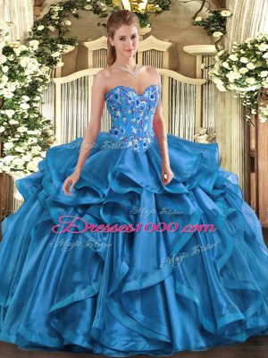 High End Blue Lace Up Vestidos de Quinceanera Embroidery and Ruffles Sleeveless Floor Length