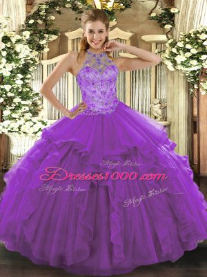 Floor Length Lace Up Vestidos de Quinceanera Purple for Military Ball and Sweet 16 and Quinceanera with Beading and Embroidery