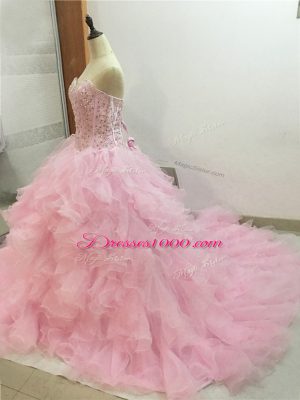 Designer Baby Pink Organza Lace Up Sweetheart Sleeveless Quinceanera Dresses Brush Train Beading and Ruffles