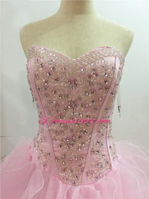 Designer Baby Pink Organza Lace Up Sweetheart Sleeveless Quinceanera Dresses Brush Train Beading and Ruffles