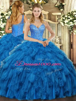Blue V-neck Lace Up Beading and Ruffles Sweet 16 Quinceanera Dress Sleeveless