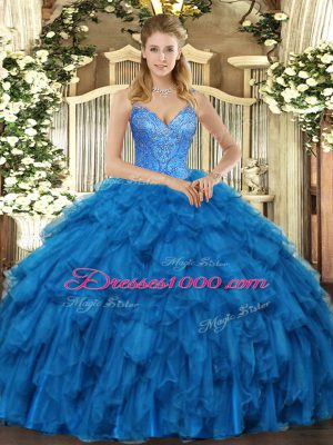 Blue V-neck Lace Up Beading and Ruffles Sweet 16 Quinceanera Dress Sleeveless