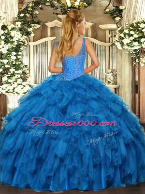 Blue V-neck Lace Up Beading and Ruffles Sweet 16 Quinceanera Dress Sleeveless