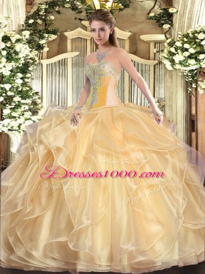 Fantastic Organza Sweetheart Sleeveless Lace Up Beading and Ruffles Sweet 16 Dress in Champagne