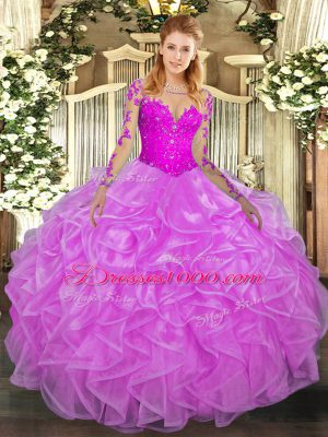 Free and Easy Lilac Scoop Lace Up Lace and Ruffles Sweet 16 Quinceanera Dress Long Sleeves