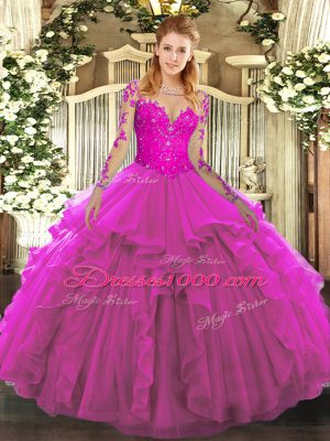 Fuchsia Scoop Neckline Lace and Ruffles Quinceanera Gowns Long Sleeves Lace Up
