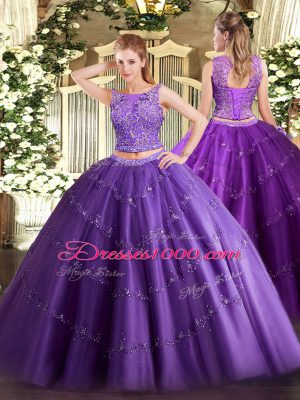Sumptuous Sleeveless Floor Length Beading and Appliques Lace Up Quinceanera Dress with Purple