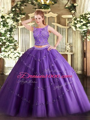 Sumptuous Sleeveless Floor Length Beading and Appliques Lace Up Quinceanera Dress with Purple