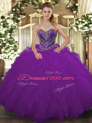 Graceful Purple Tulle Lace Up Sweetheart Sleeveless Floor Length Sweet 16 Dresses Beading and Ruffled Layers