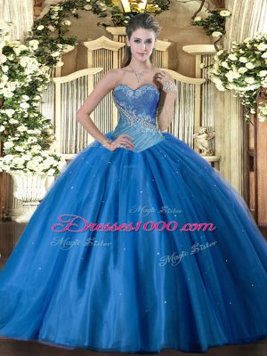 Sweetheart Sleeveless Lace Up Vestidos de Quinceanera Blue Tulle