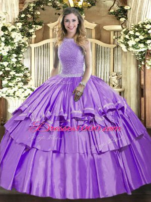Graceful Lavender Ball Gowns High-neck Sleeveless Organza and Taffeta Floor Length Lace Up Beading and Ruffled Layers 15th Birthday Dress