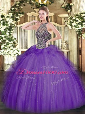 Trendy Lavender Sleeveless Tulle Lace Up Quince Ball Gowns for Sweet 16 and Quinceanera