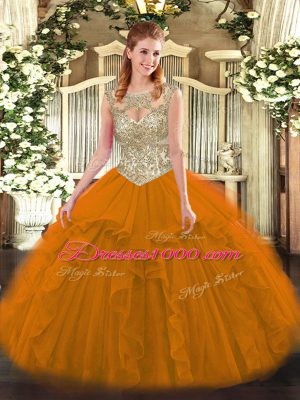 Custom Fit Orange Red Tulle Lace Up Scoop Sleeveless Floor Length 15th Birthday Dress Beading and Ruffles