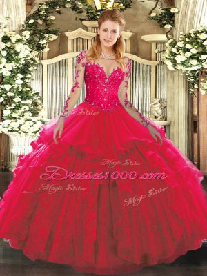 Perfect Long Sleeves Lace Up Floor Length Lace and Ruffles Sweet 16 Dress