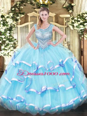 Scoop Sleeveless Quinceanera Dress Floor Length Beading and Ruffled Layers Aqua Blue Organza