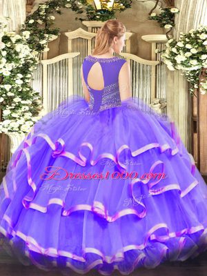 Scoop Sleeveless Quinceanera Dress Floor Length Beading and Ruffled Layers Aqua Blue Organza